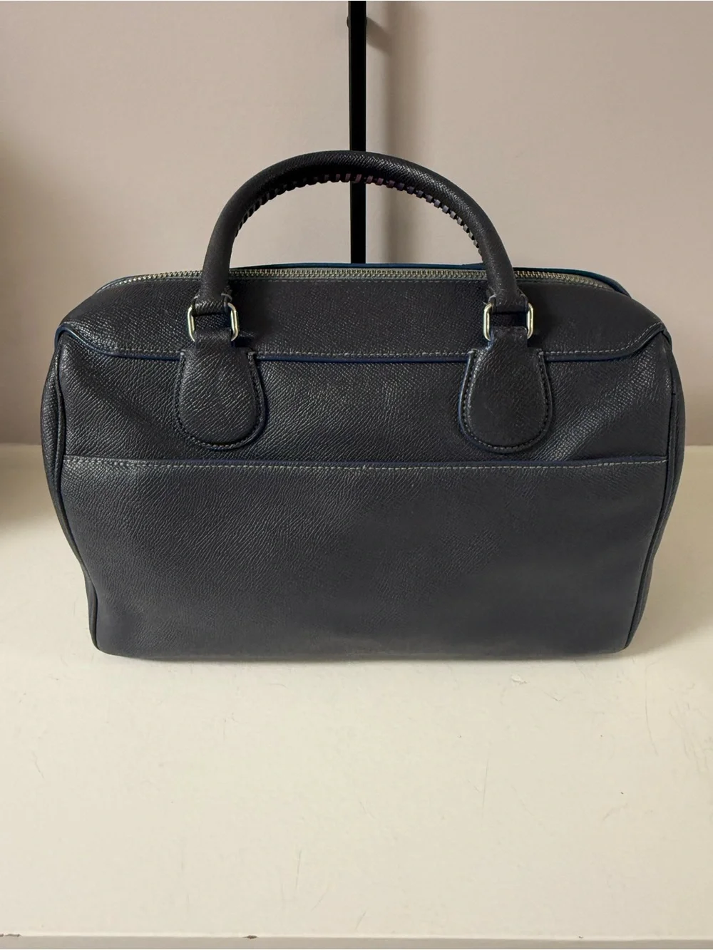 Coach Navy Pebbled Leather Satchel with whipstitch Top Handles!